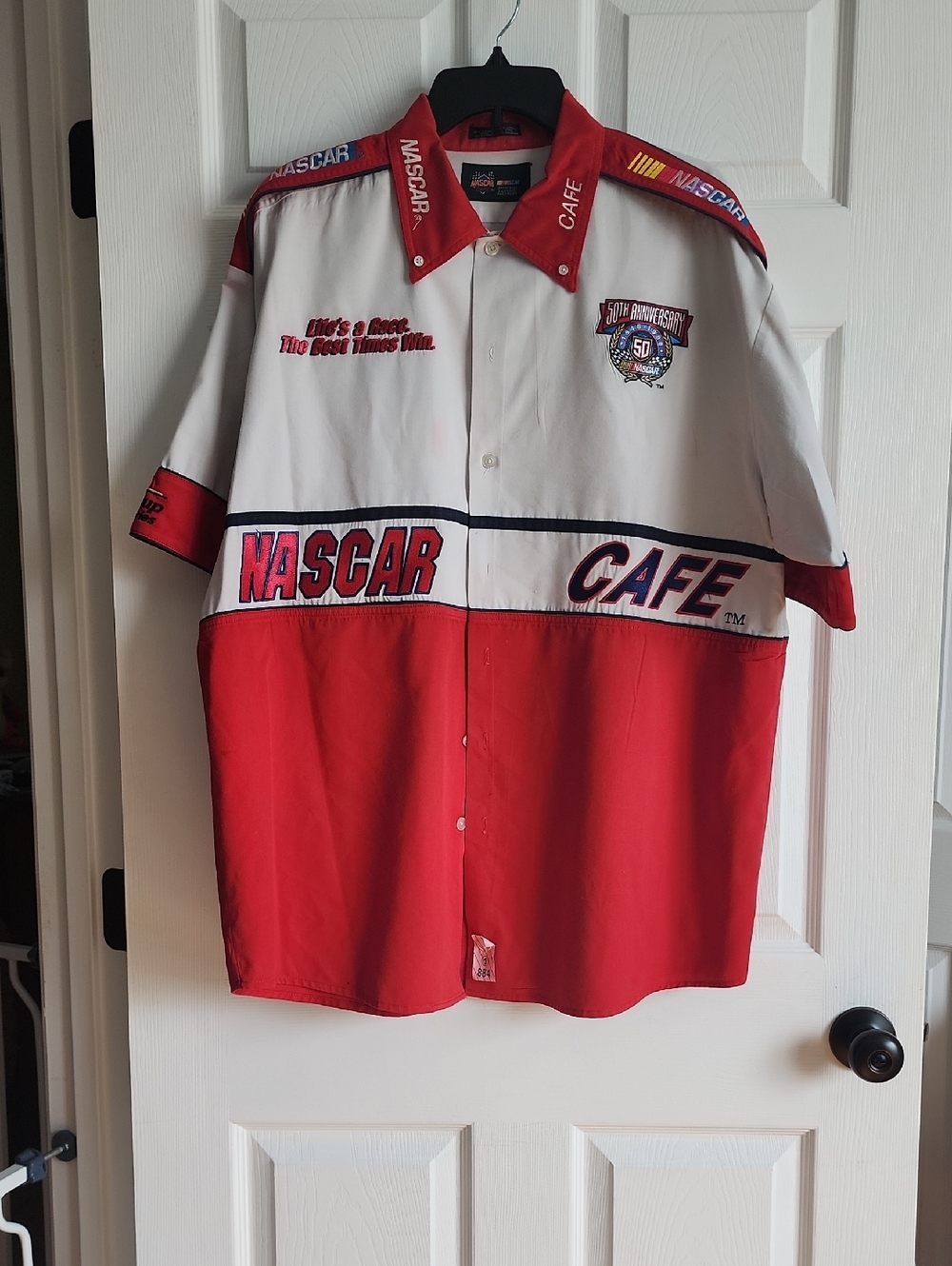 Nascar White Shirt with Red Accents and Multicolor Logo